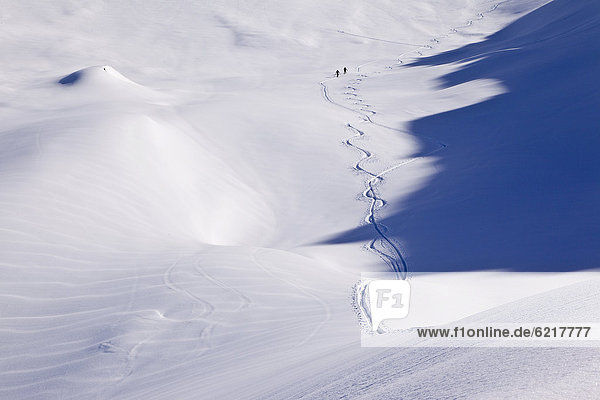 Lone ski mountaineers with shadow of a mountain  walking towards Mt Ahornspitze  Zillertal valley  Tyrol  Austria  Europe