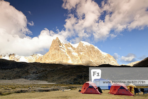 Camp in front of Mt Nevado Cuyos  Cordillera Huyhuash mountain range  Andes  Peru  South America