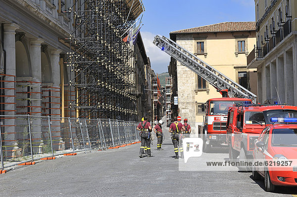 Safety activities in the historic town center  fire brigade  buildings damaged by the earthquake on 6th April 2009  L'Aquila  Abruzzo region  Italy  Europe  PublicGround