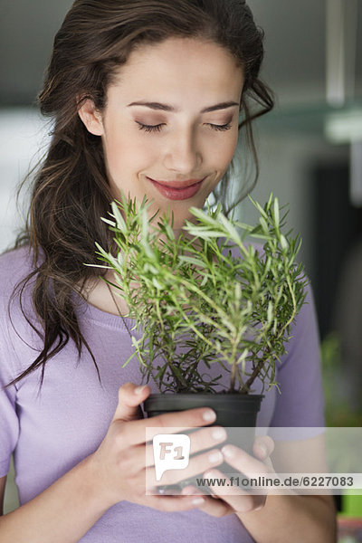 Frau riecht eine Rosmarinpflanze