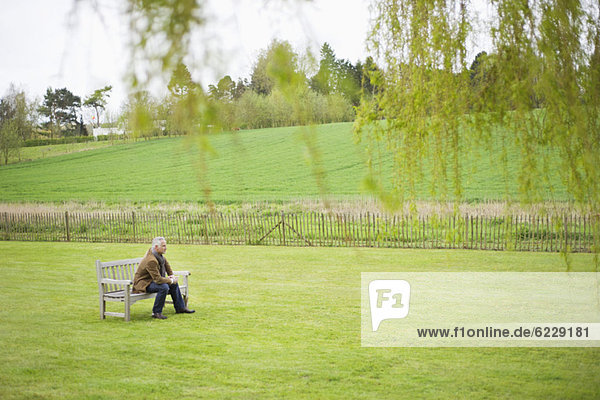 Mann auf einer Bank auf einem Feld sitzend
