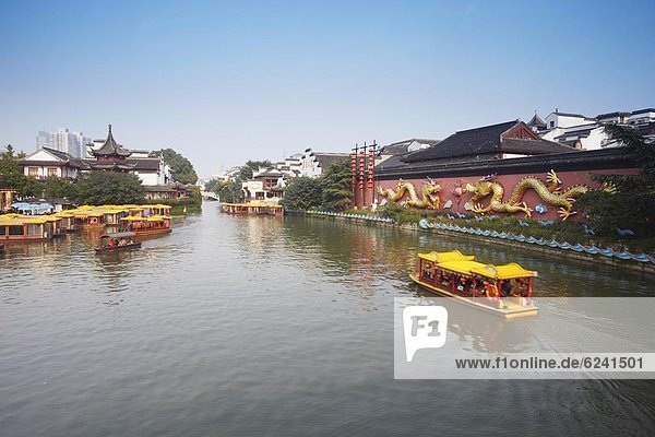 Tourists boats on canal  Fuzi Miao area  Nanjing  Jiangsu  China  Asia