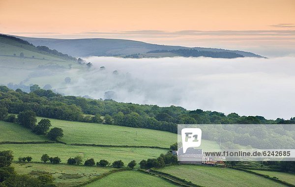 Europa Großbritannien Einsamkeit Dunst Bauernhof Hof Höfe Tal Morgendämmerung Brecon Beacons National Park Powys Hang Wales