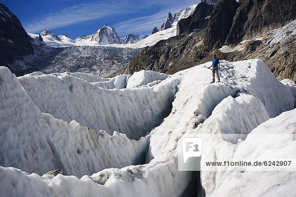Aclimber in a crevasse field on Mer de Glace glacier  Mont Blanc range  Chamonix  French Alps  France  Europe