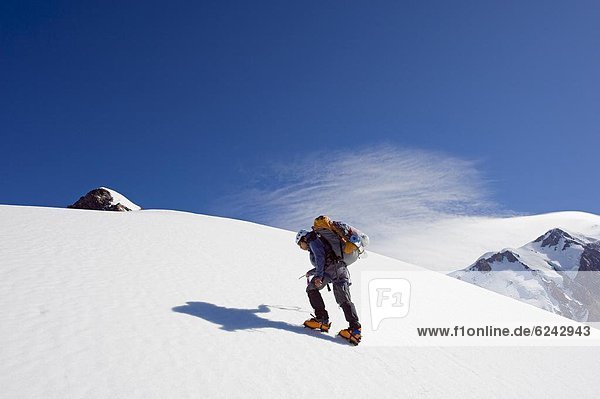 Bergsteiger auf Aiguille de Bionnassay auf der Route zum Mont Blanc  französische Alpen  Frankreich  Europa
