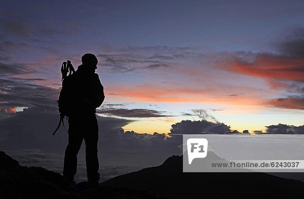 A climber looks towards Mawenzi from near the summit of Mount Kilimanjaro at dawn  Tanzania  East Africa  Africa