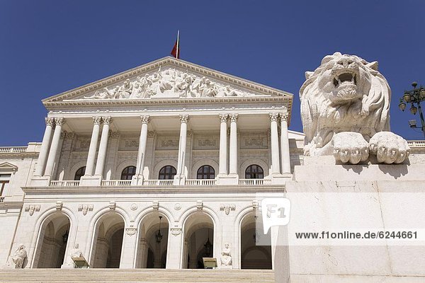Löwe  Panthera leo  Europa  Sitzmöbel  Parlamentsgebäude  Palast  Schloß  Schlösser  Statue  Wachmann  Portugal  portugiesisch  Sitzplatz