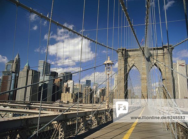 The Manhattan skyline from the Brooklyn Bridge  post Sept 11  New York City  New York State  USA  North America