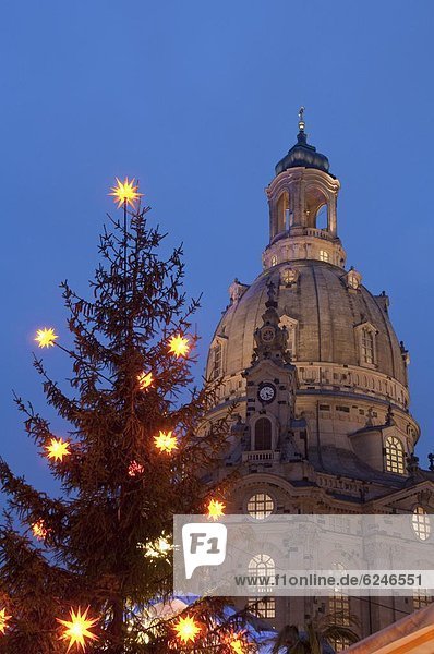Europa  Baum  Kirche  Weihnachten  Dresden  Deutschland  Markt  Sachsen  Dämmerung