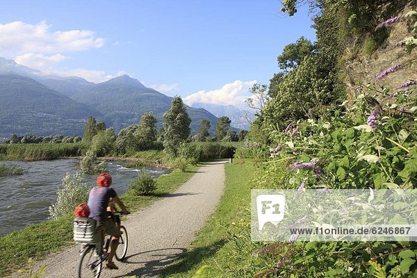 Family riding bicycle in Colico  Lake Como  Italian Lakes  Lombardy  Italy  Europe