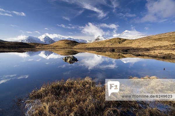 Europa Schnee bedecken Tag Großbritannien Hügel Spiegelung schwarz Highlands Sonnenlicht Berg gefroren Reflections Schottland