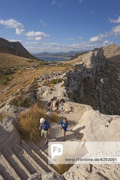 Tourists walking up to the Mirador des Colomer  Formentor Peninsula  Majorca  Balearic Islands  Spain  Mediterranean  Europe