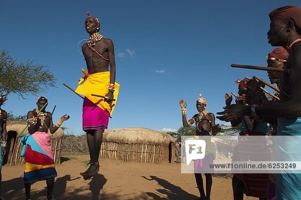 Samburu tribesmen performing traditio0l dance  Loisaba Wilderness Conservancy  Laikipia  Kenya  East Africa  Africa
