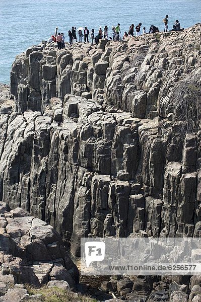 The rugged basaltic cliffs called Tojimbo in Sakai on the Sea of Japan coast  a popular tourist attraction  Fukui  Japan