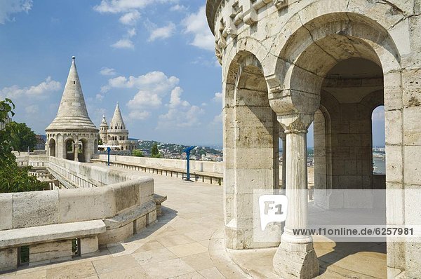 Towers and conical turrets of the neo-romanesque Fishermen's Bastion  built by Frigyes Schulek in 1895  Budapest  Hungary  Europe