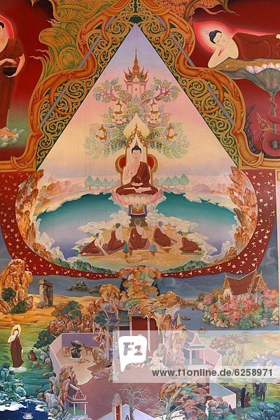 Detail of a mural painting in the Uposatha (shrine hall) of Buddhapadipa temple  Wimbledon  London  England  United Kingdom  Europe