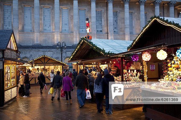 Christmas Market stalls and Town Hall  City Centre  Birmingham  West Midlands  England  United Kingdom  Europe