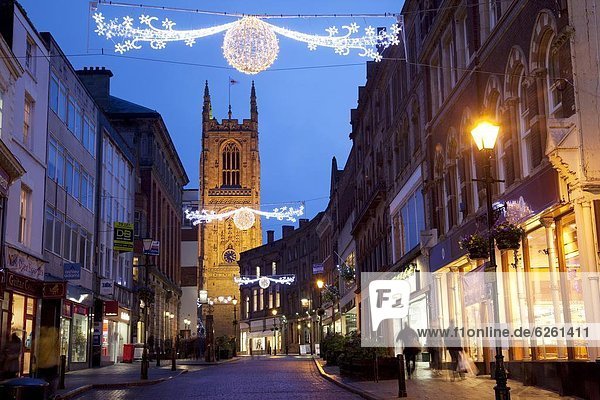 Christmas lights and Cathedral at dusk  Derby  Derbyshire  England  United Kingdom  Europe