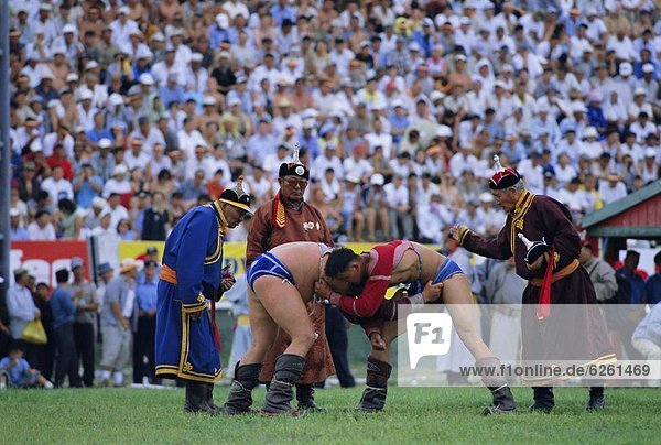 Wrestling at the tournament  Naadam Festival  Ulaan Baatar (Ulan Bator)  Mongolia  Asia