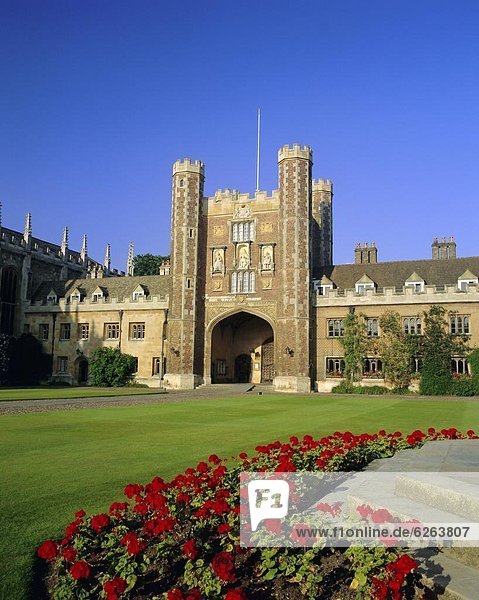 The Great Court  view to the Great Gate  Trinity College  Cambridge  Cambridgeshire  England  UK