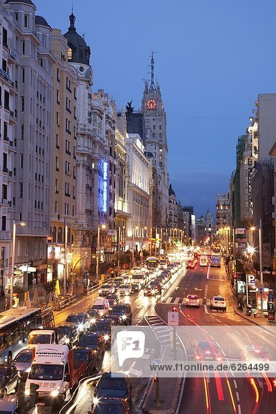 The Gran Via at dusk  Madrid  Spain  Europe