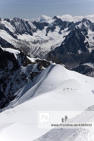 Climbers on Mont Blanc  Aiguille du Midi  Mont Blanc Massif  Haute Savoie  French Alps  France  Europe