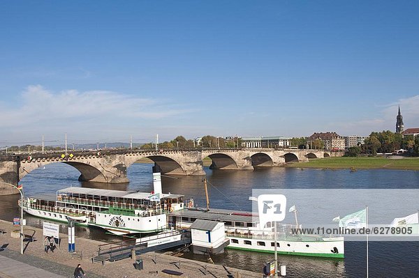 River boat on the Elbe River at the Augustus Bridge (Augustusbrucke)  Dresden  Saxony  Germany  Europe