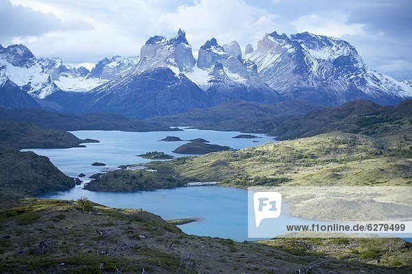 Cuernos del Paine (Horns of Paine) and the blue waters of Lake Pehoe  Torres del Paine National Park  Patagonia  Chile  South America