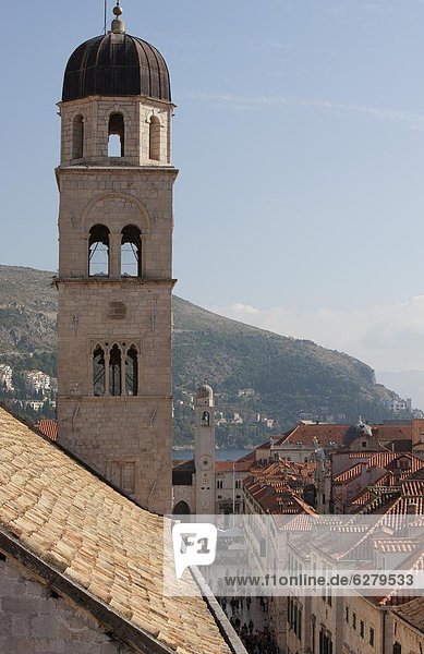Bell tower of Franciscan Monastery and rooftops from Dubrovnik Old Town walls  UNESCO World Heritage Site  Dubrovnik  Croatia  Europe
