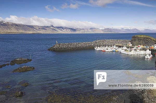 Small fishing boats and trawlers in Arnarstapi harbour  Snaefellsnes Peninsula  North West area  Iceland  Polar Regions