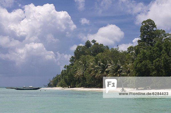 Boats on coast in turquoise sea  Havelock Island  Andaman Islands  India  Indian Ocean  Asia