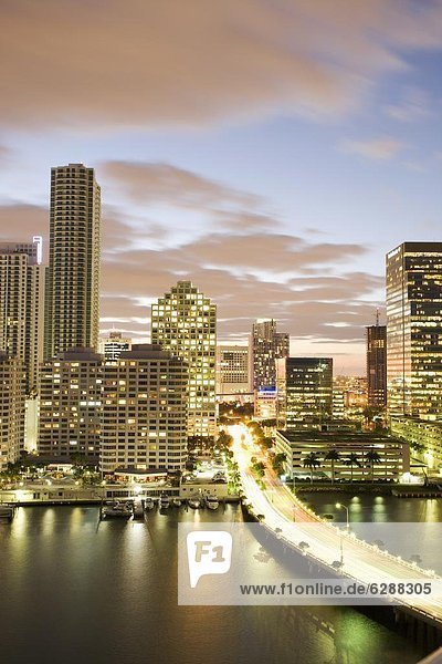 Downtown skyline at dusk  Miami  Florida  United States of America  North America