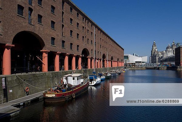 Albert Dock with view of the Three Graces on the riverfront  UNESCO World Heritage Site  and new Museum of Liverpool in the background  Liverpool  Merseyside  England  United Kingdom  Europe