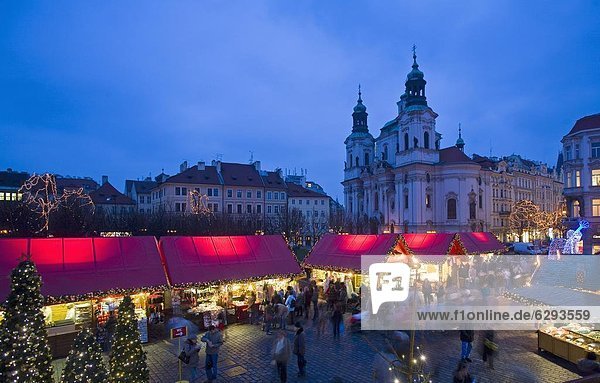 Old Town Square at Christmas time and St. Nicholas church  Prague  Czech Republic  Europe