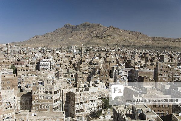 Tradition Gebäude Großstadt Ziegelstein groß großes großer große großen Ansicht bauen Naher Osten UNESCO-Welterbe alt Jemen