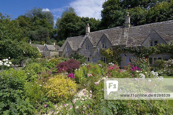 Europa Stein Blume Tradition Großbritannien bunt Garten Landhaus Cotswolds Bibury England Gloucestershire