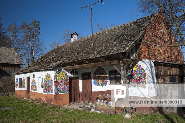 Farbaufnahme Farbe Europa Blume Tradition streichen streicht streichend anstreichen anstreichend Blockhaus alt Polen Holzhaus