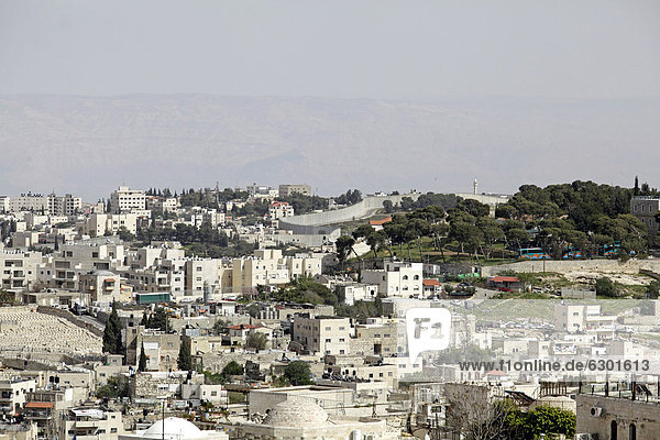 Blick vom Turm der evangelischen Erlöserkirche  hinten die Mauer zu den palästinensischen Gebieten  Jerusalem  Yerushalayim  Israel  Naher Osten