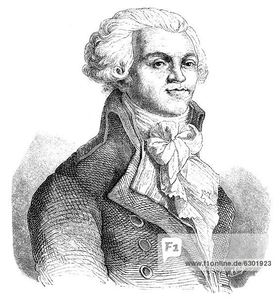 Historische Zeichnung aus dem 19. Jahrhundert  Portrait von Maximilien Marie Isidore de Robespierre  1758 - 1794  ein Rechtsanwalt und Politiker  Mitglied der Jakobiner bei der Französischen Revolution