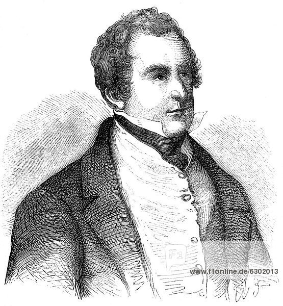 Historische Zeichnung aus dem 19. Jahrhundert  Portrait von Sir Robert Peel  1788 - 1850  2. Baronet Peel of Clanfield  ein britischer Politiker  Premierminister und Begründer der Konservativen Partei