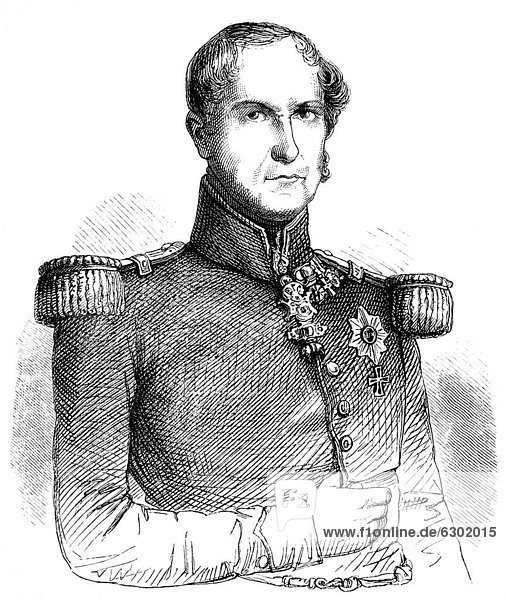 Historische Zeichnung aus dem 19. Jahrhundert  Portrait von Leopold I. Georg Christian Friedrich von Belgien  1790 - 1865  Prinz von Sachsen-Coburg-Saalfeld und der erste König der Belgier