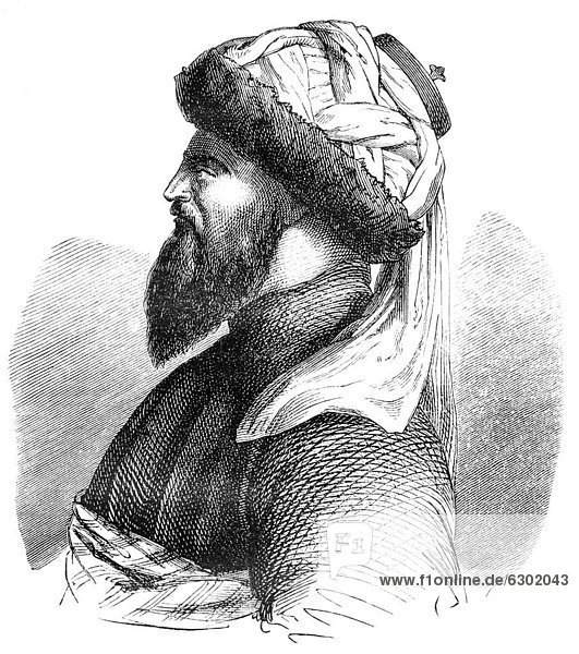 Historische Zeichnung aus dem 19. Jahrhundert  Portrait von Imam Schamil oder Schamyl  1797 - 1871  ein politisch-religiöser Führer der muslimischen Bergvölker im kaukasischen Dagestan und Tschetschenien gegen die russische Eroberung des Nordkaukasus