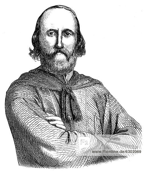 Historische Zeichnung aus dem 19. Jahrhundert  Portrait von Giuseppe Garibaldi  1807 - 1882  ein italienischer Guerillakämpfer und Protagonist des Risorgimento