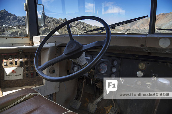 Steering wheel bus converted into a shop Landmannalaugar camping site Fjallabak Nature Reserve Highlands Iceland Europe