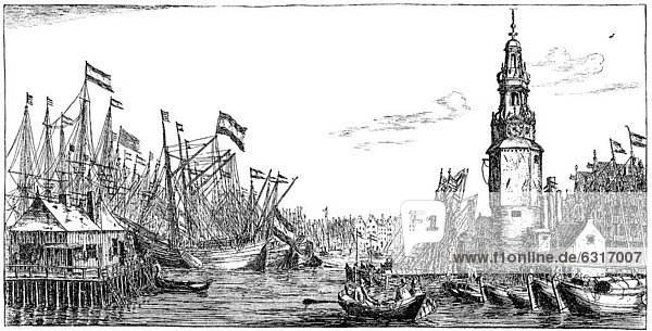 Historic drawing  illustration of the herring fishing fleet in the harbor of Amsterdam  16th century  the Netherlands  Europe