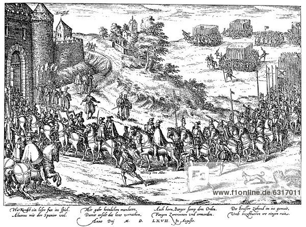 Historic drawing  facsimile  the arrival of the Spaniards under the Duke of Alba  1507 - 1582  in Brussels on 28th August 1567  Spanish Netherlands  Belgium  Europe