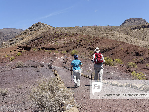 Hikers  Sendero Quise trail  Calvario mountain at the back  AlajerÛ  La Gomera  Canary Islands  Spain  Europe