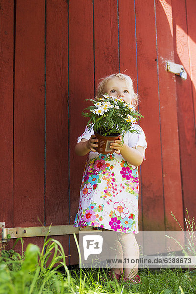 Girl holding potted plant outdoors