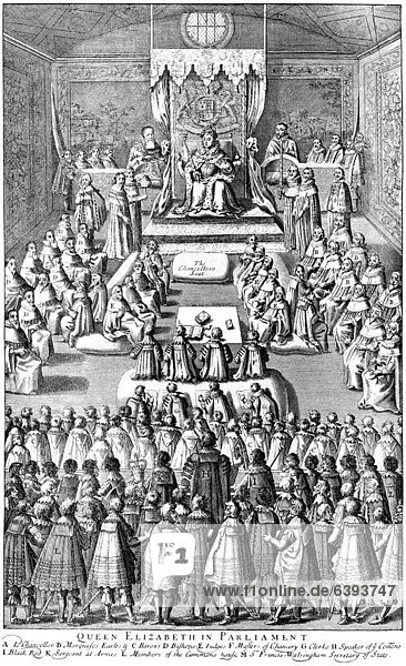 Historische Zeichnung  das englische Parlament unter Elisabeth I.  1533 - 1603  von 1558 bis 1603 Königin von England aus der Tudor-Dynastie  16. Jahrhundert