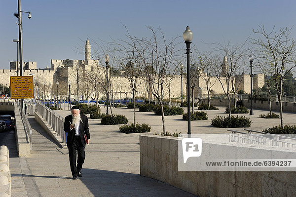 Exposed western part of the city walls with the Citadel of Jerusalem and the Tower of David  sign on the left that only public transport and authorised vehicles are allowed to enter the Old City  Orthodox Jew at front  Jerusalem  Israel  Western Asia  Middle East